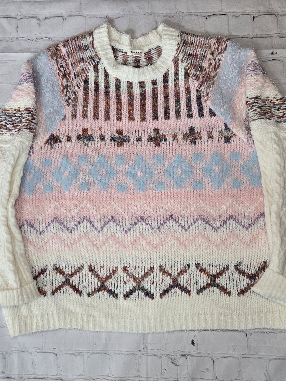 Anthropology Tea N Rose Cozy Mixed Cable Knit Crewneck Sweater CabinCore Ballet